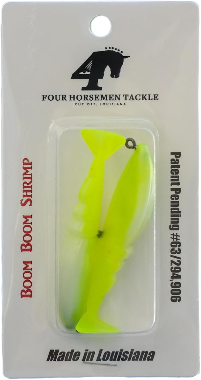Four Horsemen Boom Boom Shrimp Plastic Bait Made in USA Saltwater Fishing Lures for Speckled Trout, Redfish - 1/8 Deathgrip Jighead Hook - Contains 2 Swimbaits