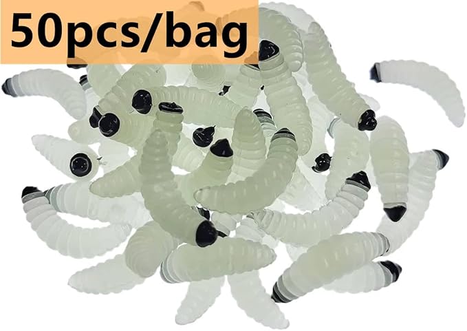 50pcs-1Inch Bass Fishing Worms Lures,Silicone Soft Maggot Baits Bread Worm Fishing Lure,5 Color