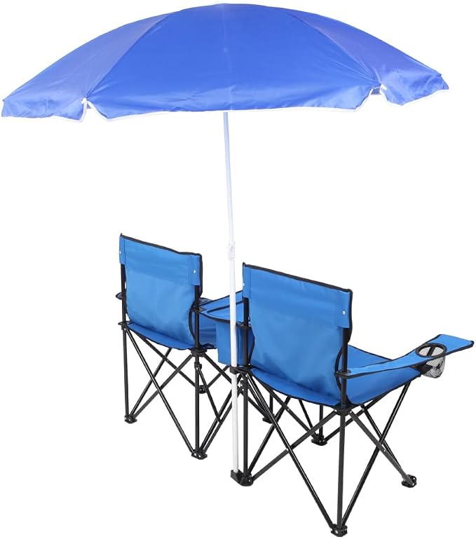 2-Person Folding Beach Chair with Removable Umbrella, Double Camping Chair with Built-in Cooler Bag & Cup Holders, Portable Outdoor Loveseat for Picnic, Fishing and Sports, Blue