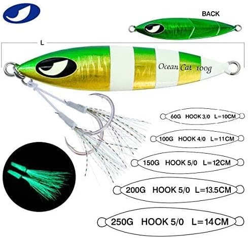 OCEAN CAT Lead Metal Flat Slow Fall Pitch Fishing Jigs Lures Sinking Vertical Jigging Bait with Butterfly Hook for Saltwater Fishing