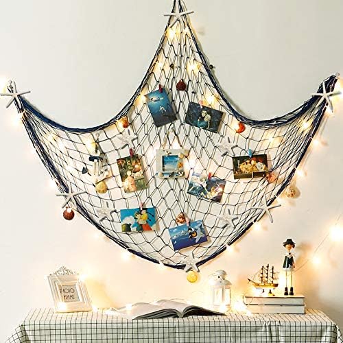 79 x 59 inch Nature Fish Net Wall Decoration with Colorful Sea Shells and 10 Pcs Natural Starfish Ocean Themed Mediterranean Style Fishing Net for Beach Party,Wedding,photography Wall Decoration