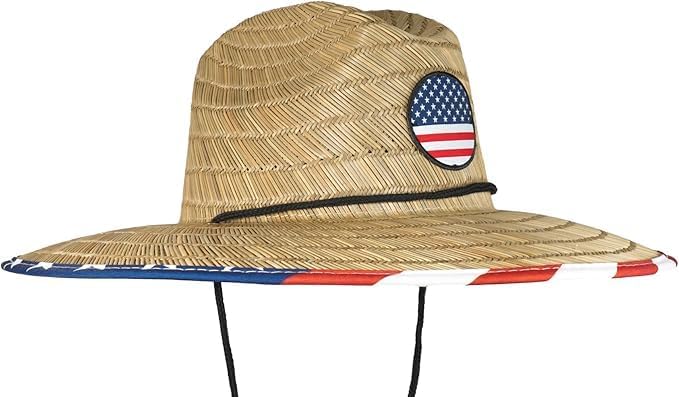 grinderPUNCH Lifeguard Hat Mens Straw Sun Hat for Outdoor American Flag USA Patriotic Straw Beach Fishing Straw Hat for Men