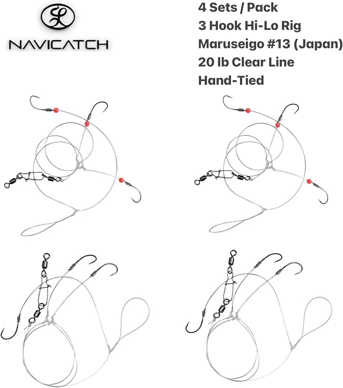 Catfish, Scup (Porgy) & Sea Bass Rig – 3-Hook Hi-Lo Bottom Fishing Kit – Hand-Tied Japanese Hooks with PE Line – Saltwater & Freshwater – USA-Designed