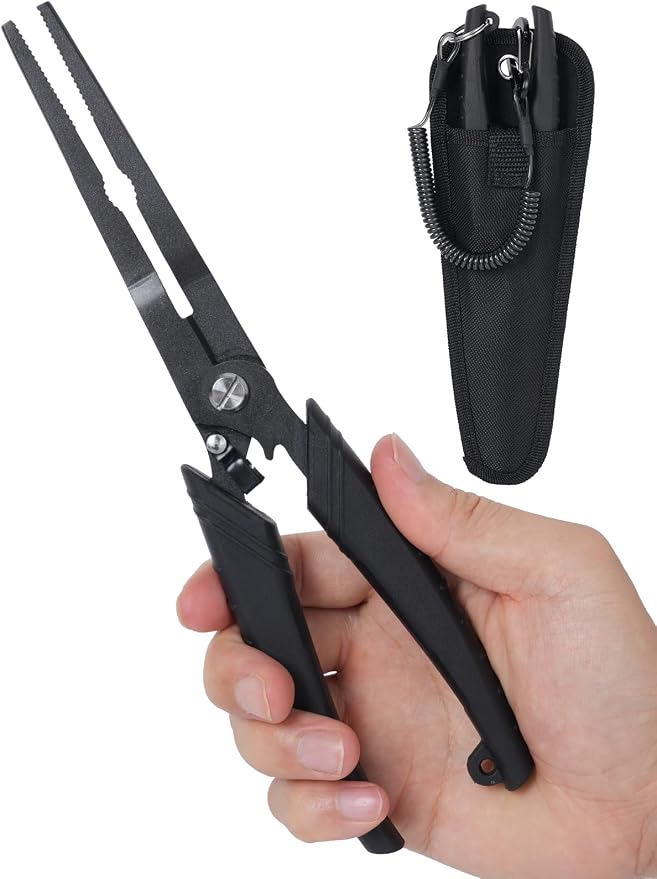 Golden J Teflon Fishing Pliers, Multi-Function Hook Remover-Long Nose Pliers, PE/Braided Line Cutter, Saltwater Resistant Fishing Gear, For Deep-Sea, Ice & Surf Fishing - Ideal for Anglers