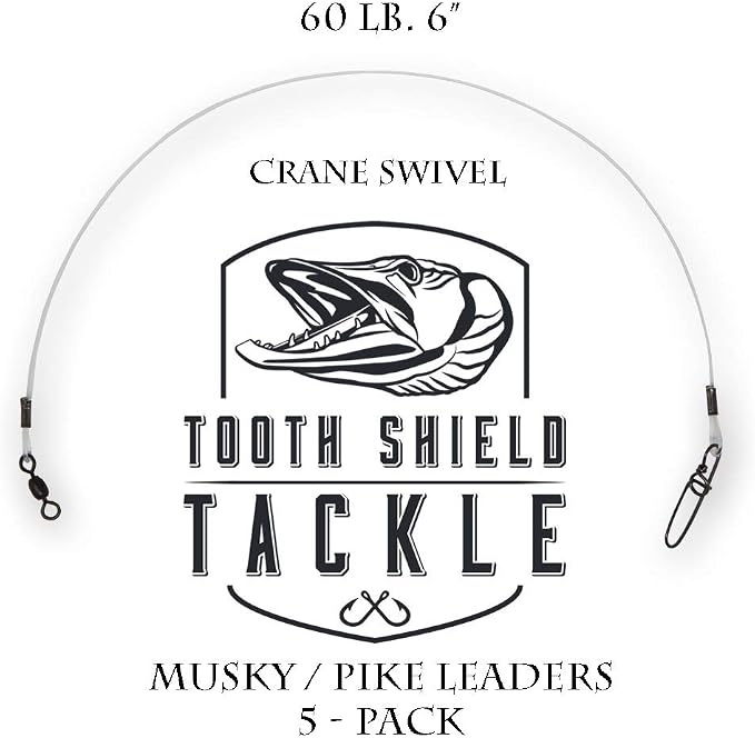 5 Pack 60 lb. Premium Fluorocarbon Tooth Shield Tackle Musky Leader Muskie Pike Leader (Crane Swivel)