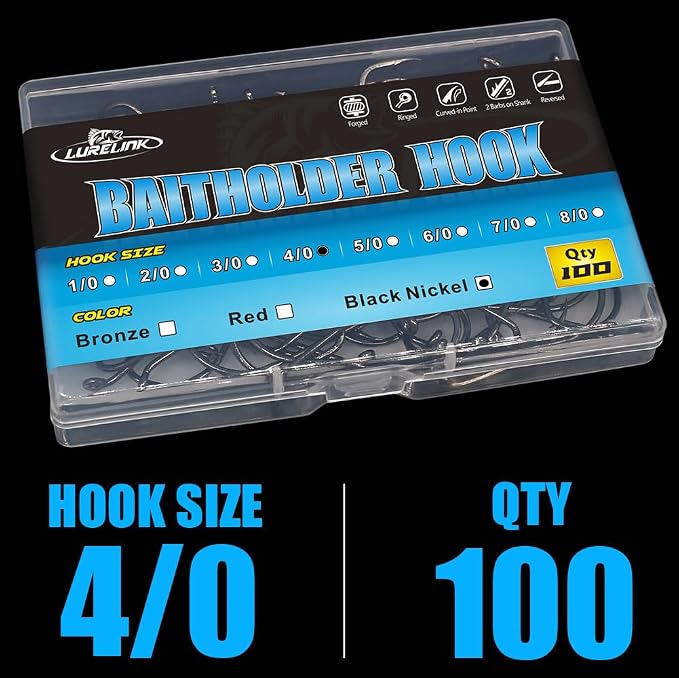 Baitholder Fishing Hooks 100 Pack - Double-Barbed Long Shank for Bluegill Bass Trout Walleye Black/Red, 8/0-#8