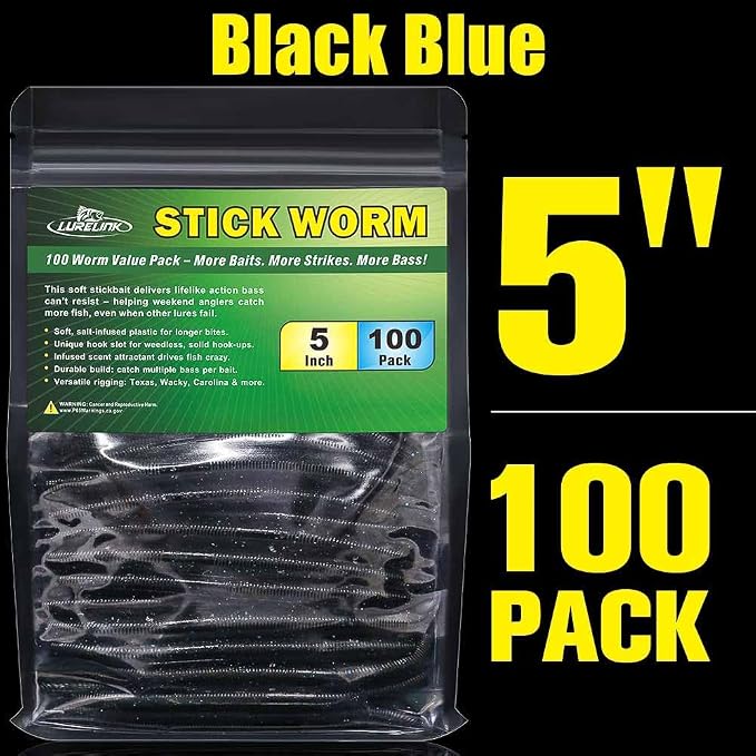 Wacky Worms Soft Plastic for Bass Fishing Lures–100 Pack 4" & 5" Stick Baits Wacky, Texas, Neko & Drop Shot Rigs–Bulk Soft Lure