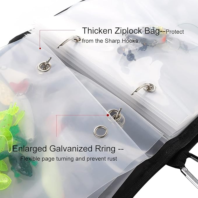 Fishing Tackle Binder Lure Biat Organized Storage for Soft Worms Rigs Jigs and Lines Fishing Tackle Wallet Case with 15+5pcs Transparent Thickened Ziplock Bag (10pcs Ziplock Transparent Bag)