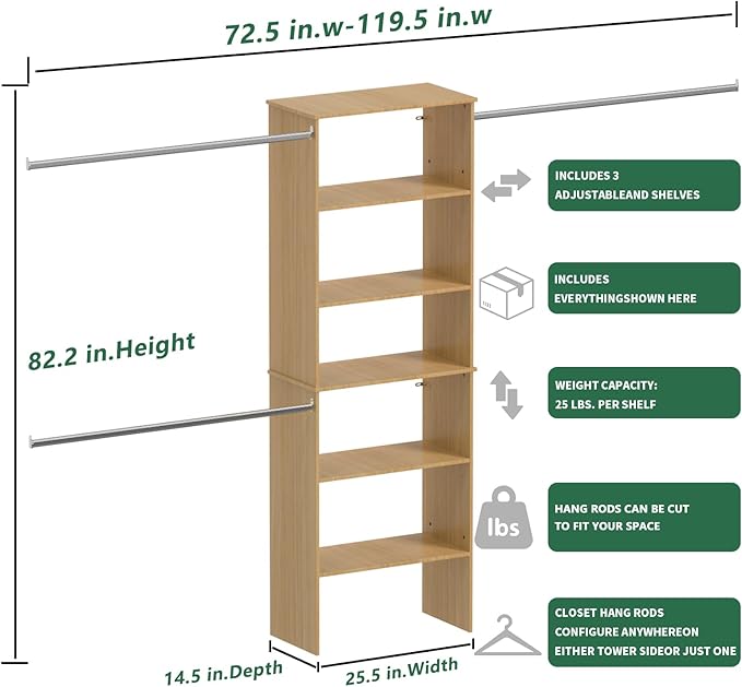 ROOMTEC Closet System, 25.5" Wide Wall-Mounted Closet Organizer Kit with Wood Storage Tower and 3 Hanging Rods, Wardrobe Closet System for Walk-In Closets, Wood
