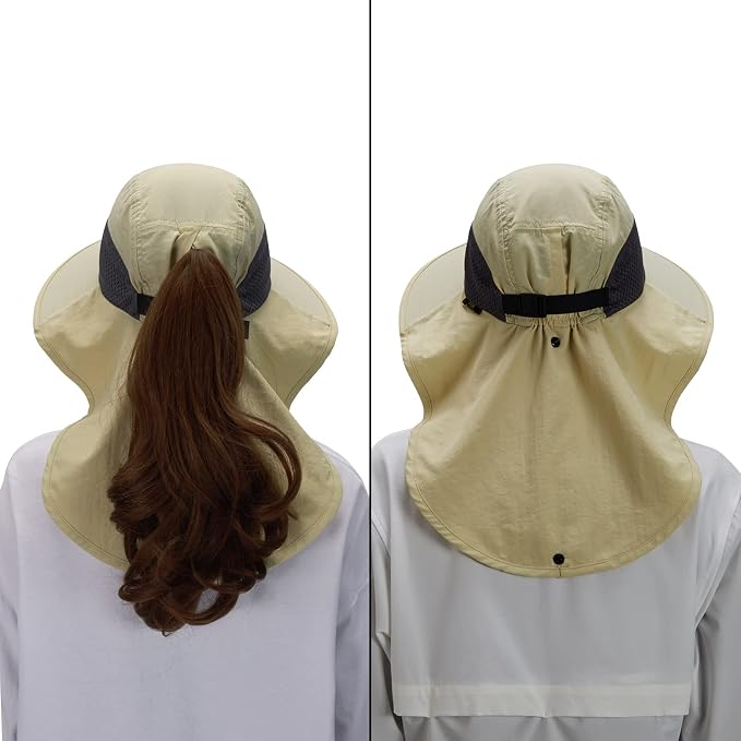BASSDASH UPF 50+ Unisex Water Resistant Wide Brim Sun Hat with Large Neck Flap Ponytail Fishing Hat for Men Women