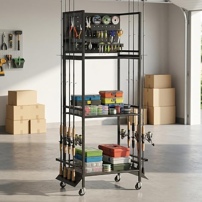 12-Rod Fishing Pole Holders for Garage, 3-Shelf Fishing Rod Holder with Pegboard and Trays, 360° Rotatable, Rolling Fishing Storage Cart with Wheels for Tackle Box & Fishing Gear Organization