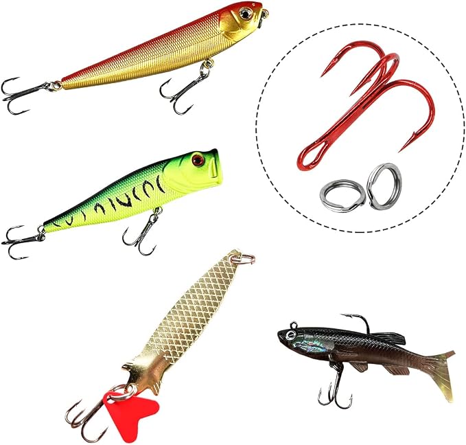 200 Pack Fishing Treble Hooks Kit High Carbon Steel Hooks Strong Sharp Round Bend with Split Rings for Lures Baits Saltwater Freshwater Fishing Size 2# 4# 6# 8# 10#