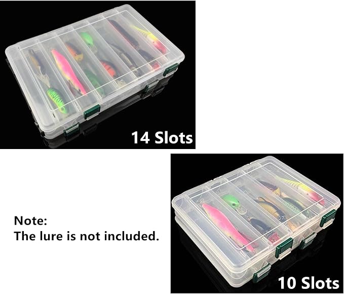 Double-Sided Fishing Lure Hook Tackle Box Visible Hard Plastic Clear Fishing Lure Bait Squid Jig Minnows Hooks Accessory Storage Case Container (Clear-14 Slots)