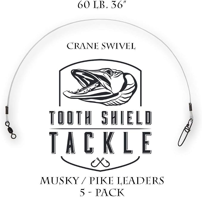 5 Pack 60 lb. Premium Fluorocarbon Tooth Shield Tackle Musky Leader Muskie Pike Leader (Crane Swivel)