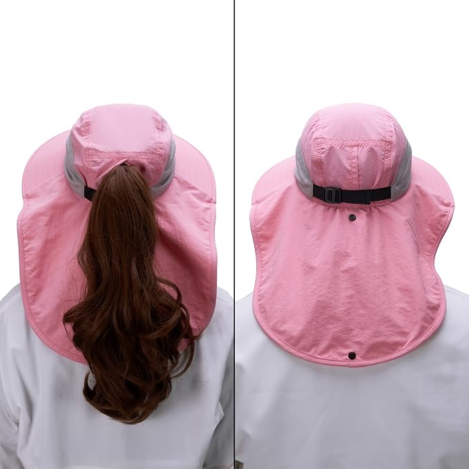 BASSDASH UPF 50+ Unisex Water Resistant Wide Brim Sun Hat with Large Neck Flap Ponytail Fishing Hat for Men Women