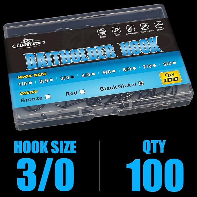 Baitholder Fishing Hooks 100 Pack - Double-Barbed Long Shank for Bluegill Bass Trout Walleye Black/Red, 8/0-#8