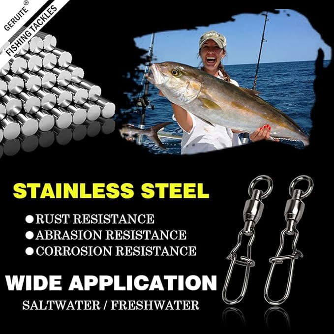 Duo Lock Snap Fishing Swivels Ball Bearing Fishing Tackle Snap Swivels Free Rotation Fishing Line Connectors Ball Bearing Swivels Black Nickel for Saltwater Freshwater Fishing