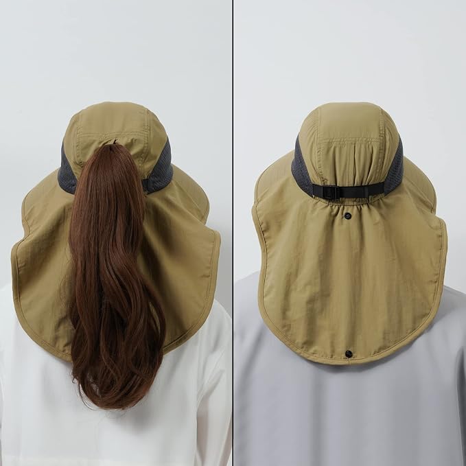 BASSDASH UPF 50+ Unisex Water Resistant Wide Brim Sun Hat with Large Neck Flap Ponytail Fishing Hat for Men Women