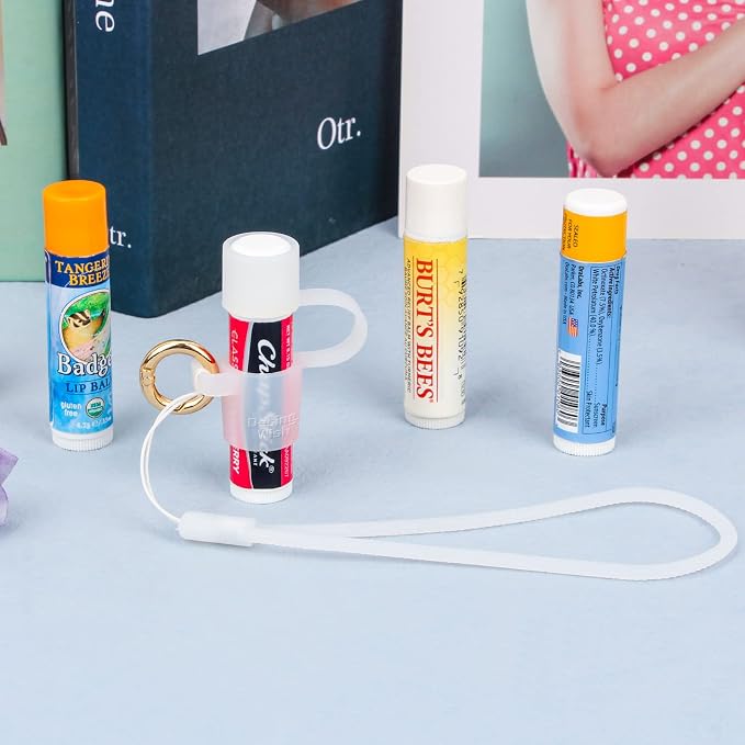 Silicone Chapstick Holder with Cap Cover, 0.6'' Diameter Portable Lip Balm Holder Key Chain Sleeve Chapstick Keychain Holder with Wrist Strap Lanyard - Transparent