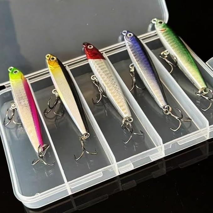 0.49oz/0.35oz Topwater Fishing Lures, 5 Pcs Fishing Lure Saltwater with Storage Box Jerkbait Crankbait Lures for Halibut & Striper Fishing Swimbait for Freshwater and Saltwater Bass Fishing
