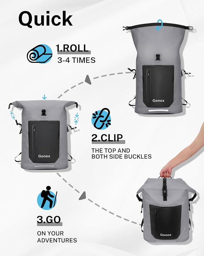 Gonex Ultralight Waterproof TPU Backpack, 35L Roll Top Dry Bag with Comfortable Padded Back Panel for Kayaking Boating Camping Fishing Travel,Grey