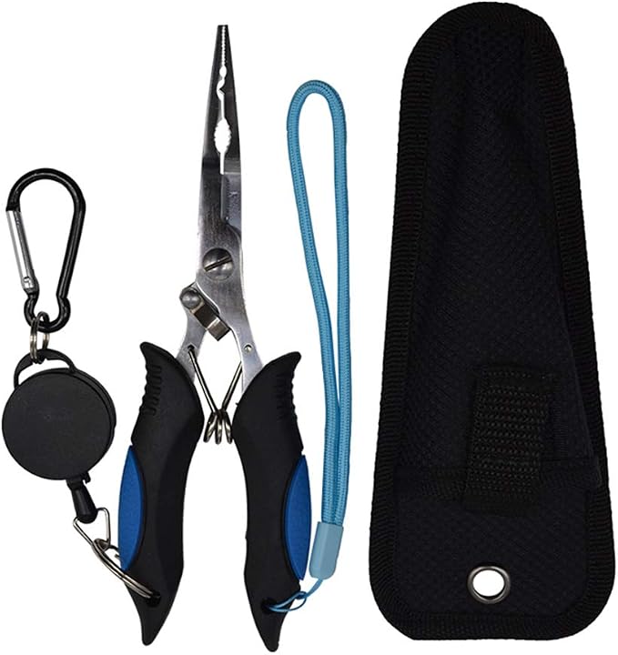 Stainless Steel Fishing Pliers - Needle Nose Plier for Cutting Fishing Line, Multitool Pliers with Sheath and Telescopic Lanyard | Fishing Tools