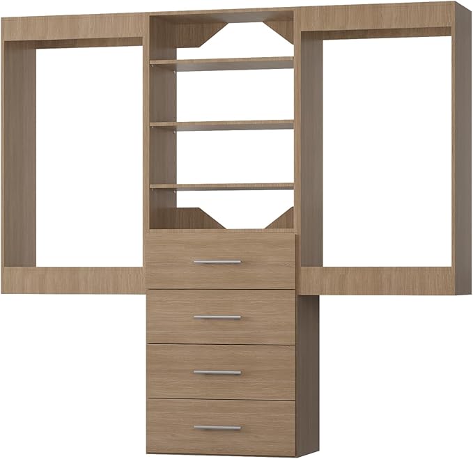 ROOMTEC Modular Closet System, 84" Wall-Mounted Closet Organizer with Drawers and Hanging Rods, Wooden Tower for Walk-In Closets, Wardrobe Storage Kit, Wood