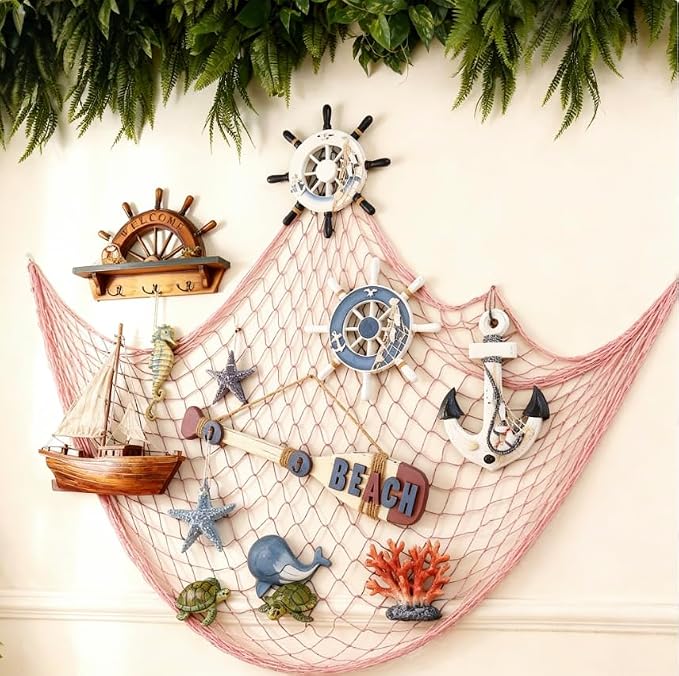 2 Pack Decorative Fishing Net, 80x40 Inch Pink Cotton Fish Net for Hanging Stuffed Animals & Pictures Display, Nautical Mermaid Pirate Ocean Beach Hawaii Under the Sea Themed Party Decorations