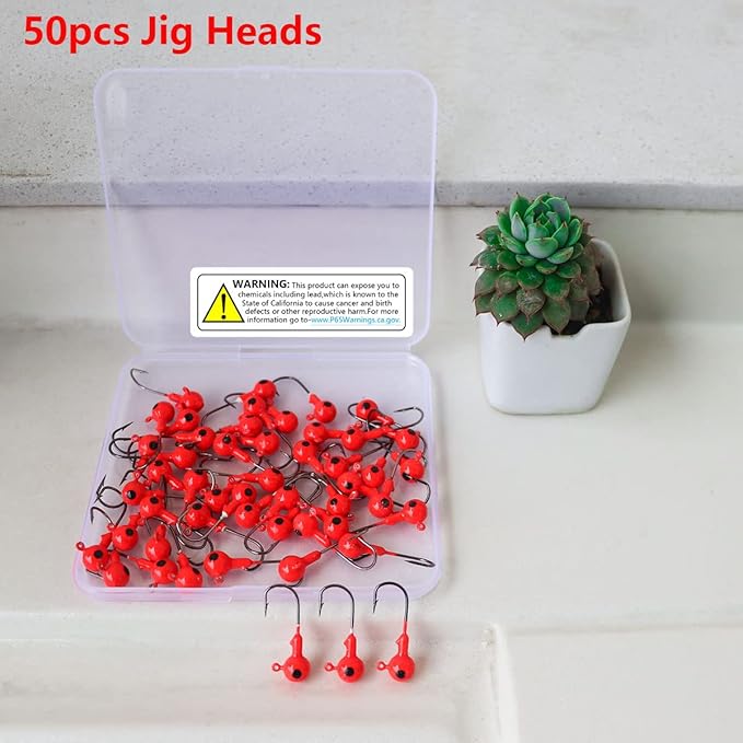 50pcs Fishing Jig Heads Set, Red Round Ball Fishing Hooks for Saltwater Freshwater Swimbait Bass, 1/8oz 1/6oz 1/4oz 1/19oz