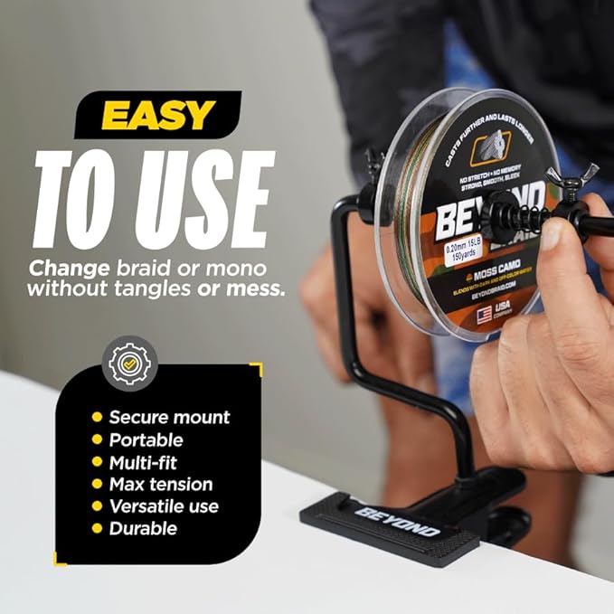Beyond Braid EZ Fishing Line Spooler – Portable Table Mounted Reel Spooler for Spinning & Baitcasting Reels – Adjustable to Fit Multiple Size Spools of Fishing Line