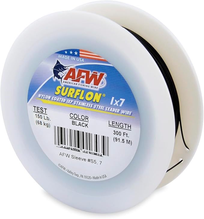 American Fishing Wire Surflon Nylon Coated 1x7 Stainless Steel Wire Leader - Wire Fishing Leader Line for Saltwater 10lb Up To 250lb Test in Bright, Black, Camo in 30ft, 100ft, 300ft, & 1000ft Lengths