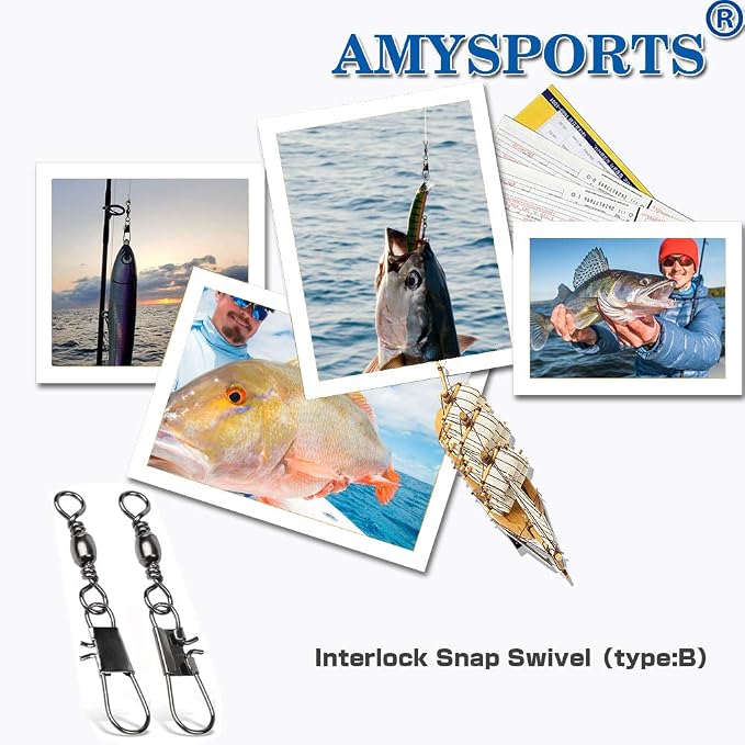 AMYSPORTS Fishing Tackle Barrel Swivel Snap High Strength Snap Swivel Saltwater Stainless Steel Fishing Barrel Snaps Interlock Snaps Freshwater Leader Lure Connnector Accessories