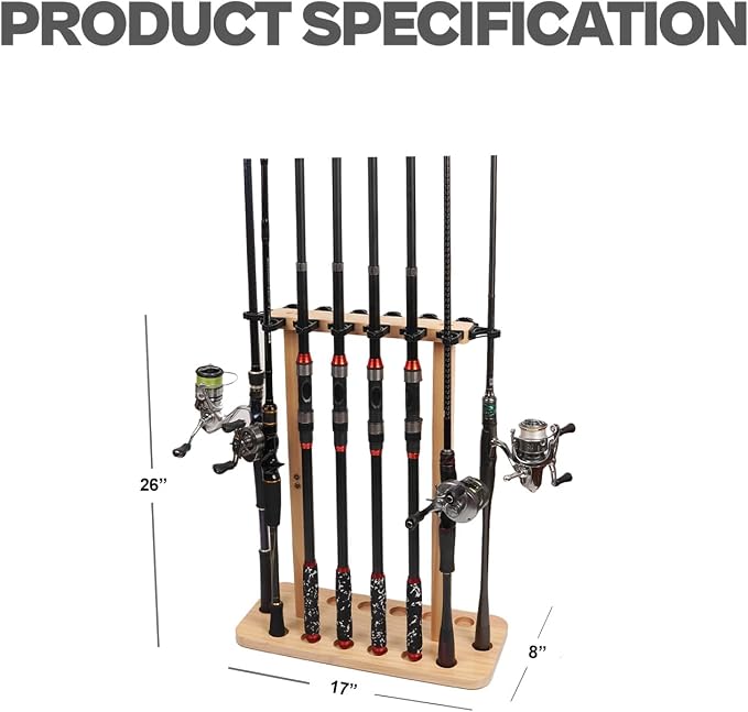 VEYWANE Fishing Rod Storage Racks, 100% Wood Floor Stand Fishing Pole Holders for Garage of 14 Rods or Combos