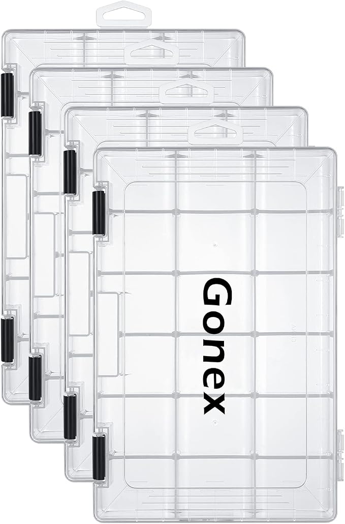 Gonex Fishing Tackle Boxes, 3600 3700 Tackle Trays with Adjustable Dividers, Clear Plastic Tackle Box Organizer Storage for Fishing Lure Bait Hook Jewelry Craft Beads Earring Container, 3 or 4 Packs