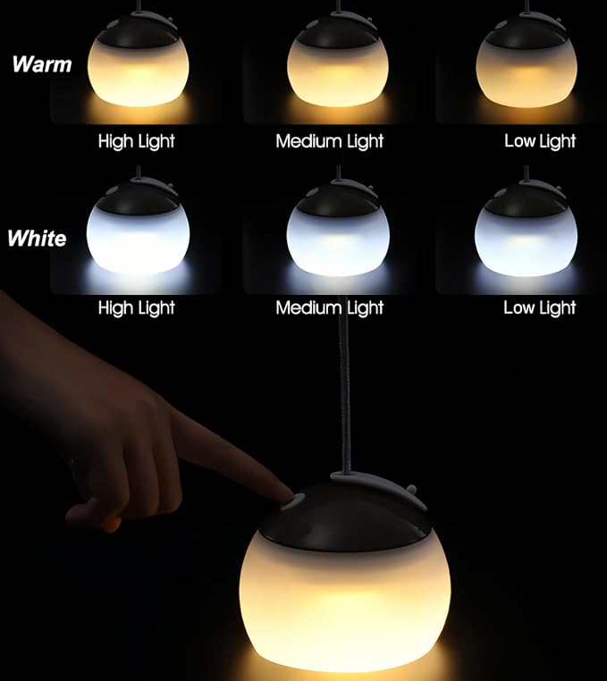 Outdoor Camping Lantern with Atmosphere Decoration Light Round 3 Levels of Brightness Adjustment Hook Design Table Lamp Long Lasting for Emergency Tent Fishing
