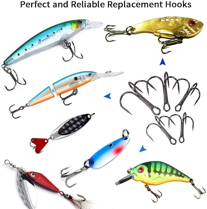 UCEC Fishing Hooks Treble Hooks Kit for Saltwater Freshwater, High Carbon Steel Strong Sharp Round Bend for Catfish Trout Hard Baits Lures, Size #1#2#4#6#8#10#12#14 110/50/210 Pack with Split Rings