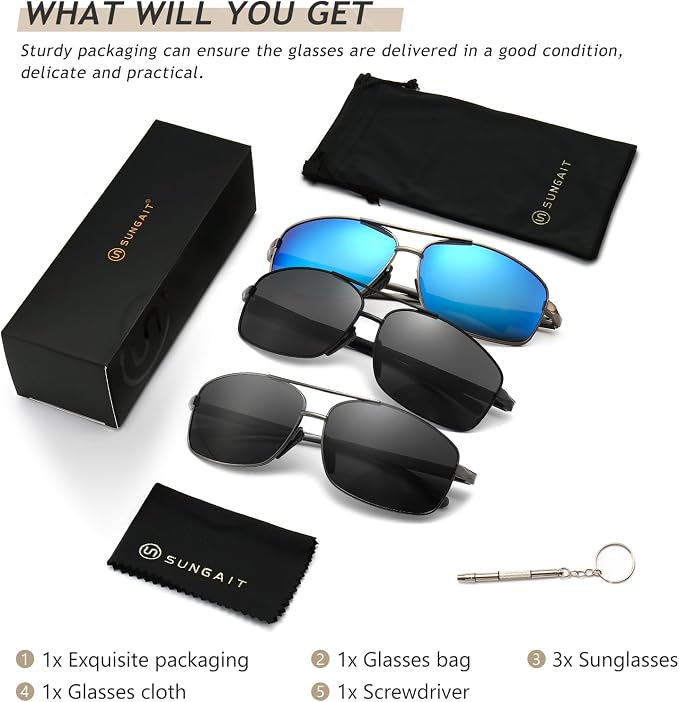 SUNGAIT Ultra Lightweight Rectangular Polarized Sunglasses Men UV400 Protection