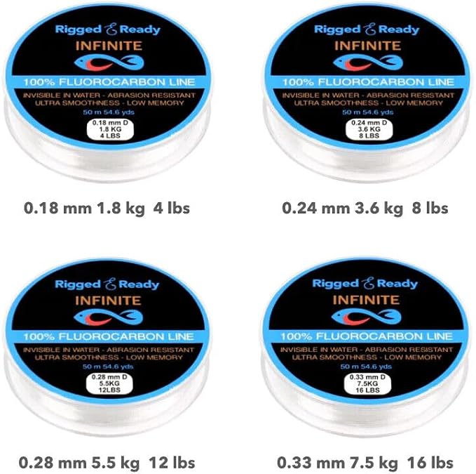 Rigged and Ready Infinite Fluorocarbon - Fluorocarbon Fishing Line Leader-50m 54.6y Virtually Invisible=More Bites. 4/8/12/16lb, 1.8/3.6/5.5/7.5kg-Saltwater Freshwater