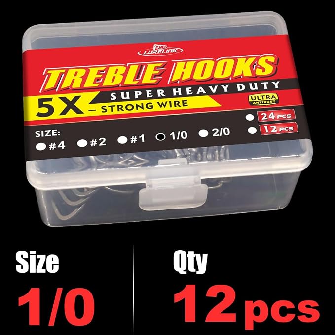 Fishing-Treble-Hooks-5X-Extra-Strong-Heavy-Duty Ultra Anti-Rust Bulk Hooks for Saltwater and Freshwater Fishing Sizes 5/0 to #8