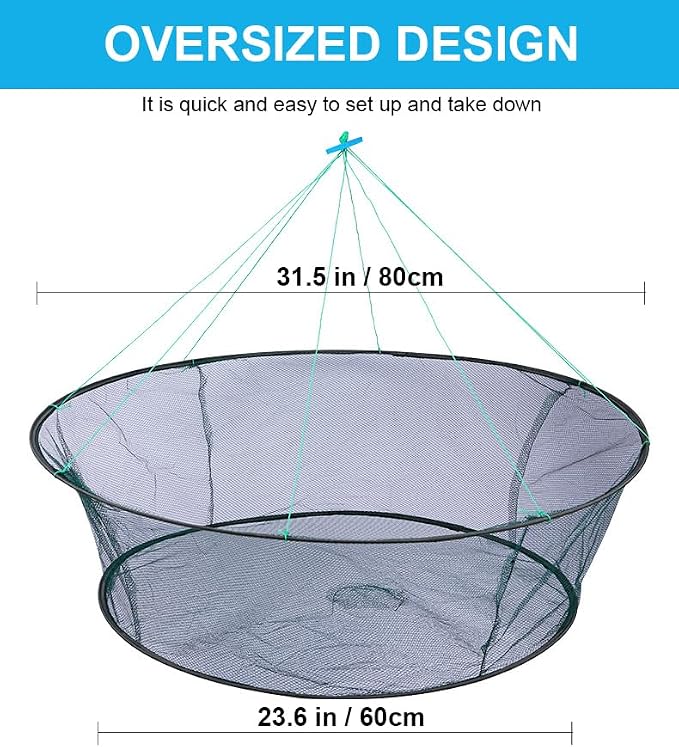 Foldable Fishing Net, Nylon Minnow Trap Crab Trap Crab Net, Drop Net for Pier Fishing, Drop Nets for Pulling Up Fish with Rope, Portable Bridge Fishing Nets for Minnows Crawfish Shrimp