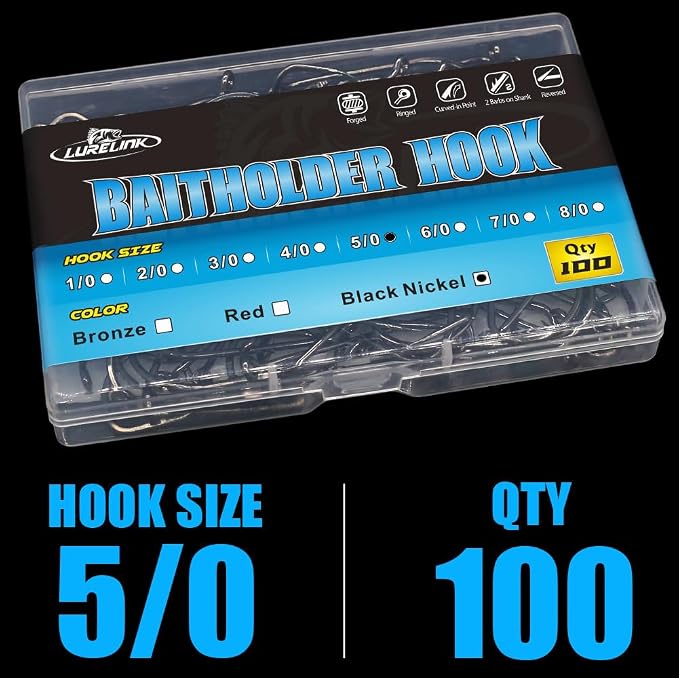 Baitholder Fishing Hooks 100 Pack - Double-Barbed Long Shank for Bluegill Bass Trout Walleye Black/Red, 8/0-#8