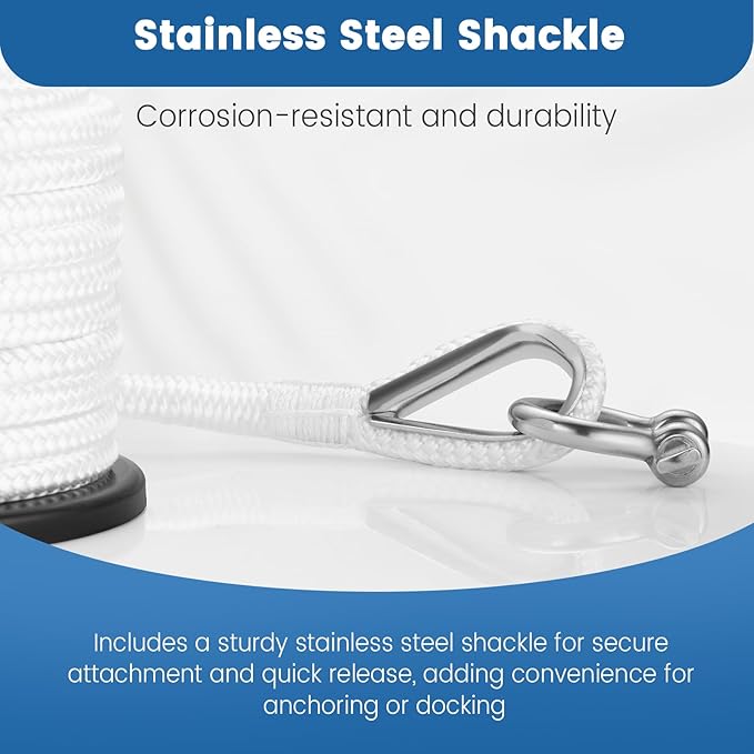 Premium Marine-Grade Boat Anchor Rope - 3/8" x 100' Strength-Tested Double Braided Nylon Line with Corrosion-Resistant Stainless Steel Thimble & Shackle | Heavy-Duty Anchoring Rope (White)