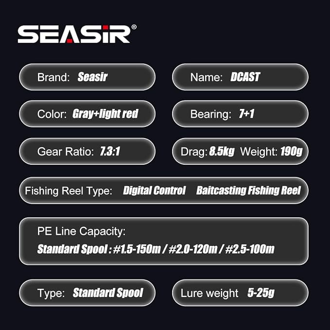 SEASIR DCast Baitcaster Reel, Digital Control Fishing Reel, Ultralight Baitcasting Reel, Freshwater Saltwater, 6.7oz, Max Drag 18.5LB, 7.3:1, 7+1 BB, Carbon Fiber Washer, Grey & Red