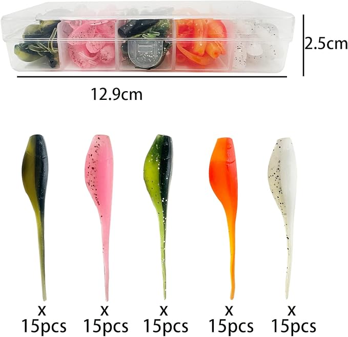 75pcs Crappie Lures Kit - Soft Plastic Coloured Crappie & Panfish Shad Baits