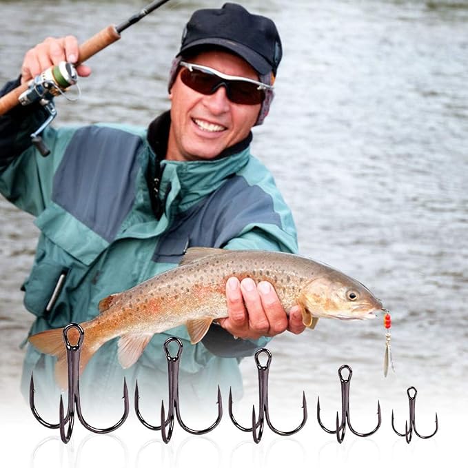 UCEC Fishing Hooks Treble Hooks Kit for Saltwater Freshwater, High Carbon Steel Strong Sharp Round Bend for Catfish Trout Hard Baits Lures, Size #1#2#4#6#8#10#12#14 110/50/210 Pack with Split Rings