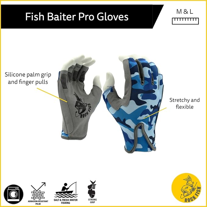 Cordova Rock Fish FP2000B Blue Camo Fishing Gloves with Standard Wrist and Synthetic Leather Palm, Durable, Salt & Fresh Water