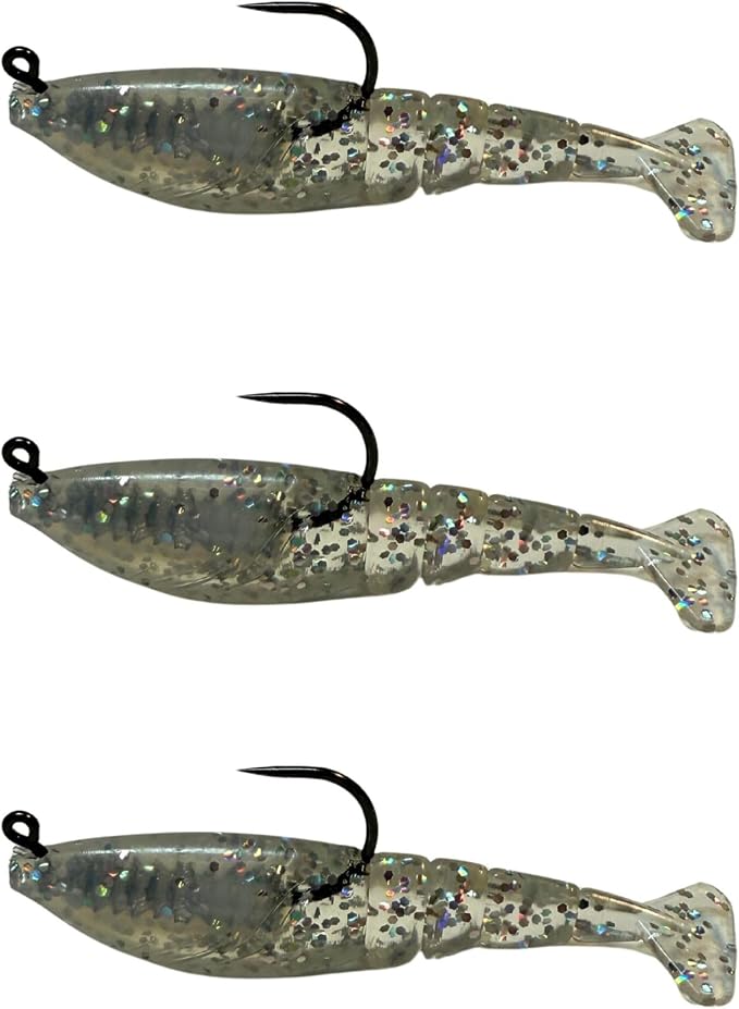 Four Horsemen Boom Boom Shrimp Plastic Bait Made in USA Saltwater Fishing Lures for Speckled Trout, Redfish - 1/8 Deathgrip Jighead Hook - Contains 2 Swimbaits