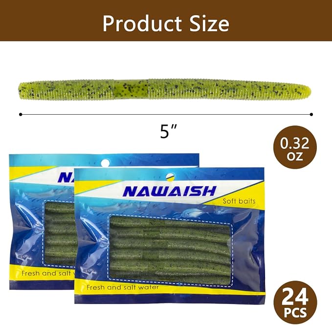 Senko Bait Soft Plastic Lures 5" Senkos 24 Pcs/100pcs for Wacky Rig Freshwater Fishing Green Pumpkin senko with Black Flake Pink Watermelon Double Color