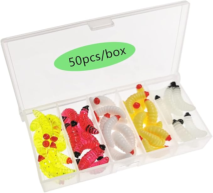 50pcs-1Inch Bass Fishing Worms Lures,Silicone Soft Maggot Baits Bread Worm Fishing Lure,5 Color