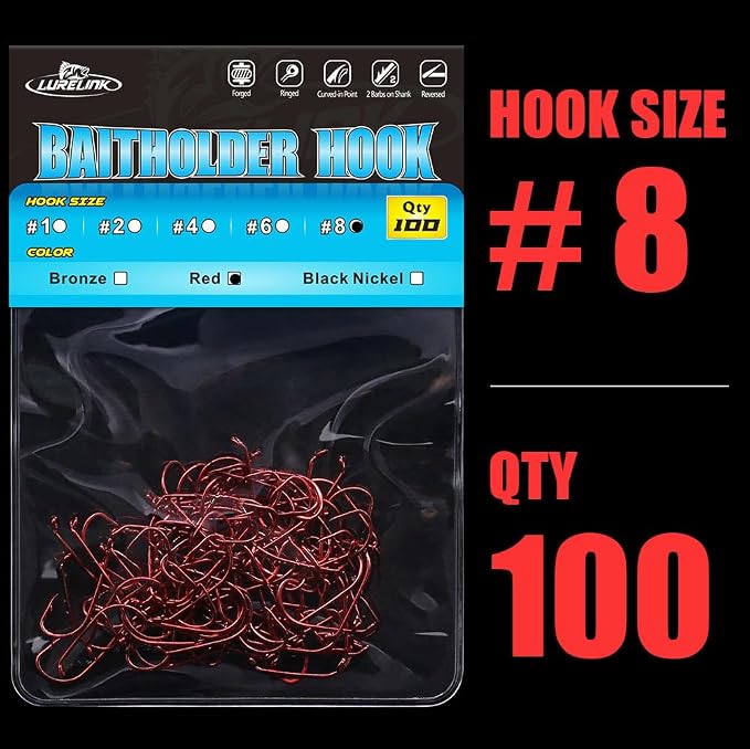 Baitholder Fishing Hooks 100 Pack - Double-Barbed Long Shank for Bluegill Bass Trout Walleye Black/Red, 8/0-#8